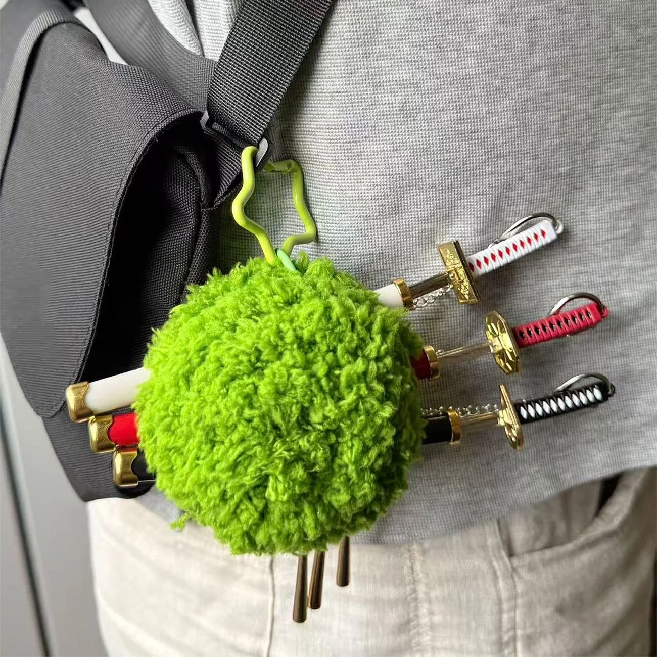 One piece 10Cm zoro Plush backpack Keychain Anime Cotton Green algae head Doll Keyring Bag Pendant Hanging Toy Gift for Fans - view 5