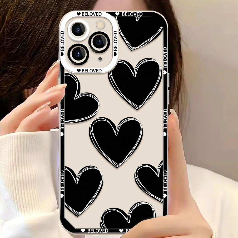 

INS Black Love Heart Clear Phone Case For iPhone 16 Pro Case Funda iPhone 13 15 11 12 14 Pro Max XR XS SE3 Soft Shockproof Cover