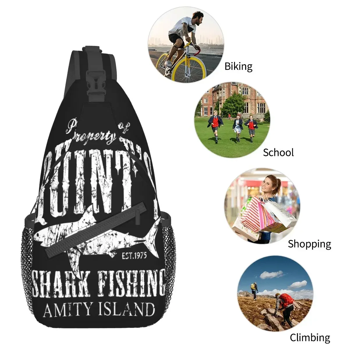 

Dive Scuba Diving Quints Shark Fishing Amity Island Chest Bag Unisex Women Man Shoulder Backpacks Travel