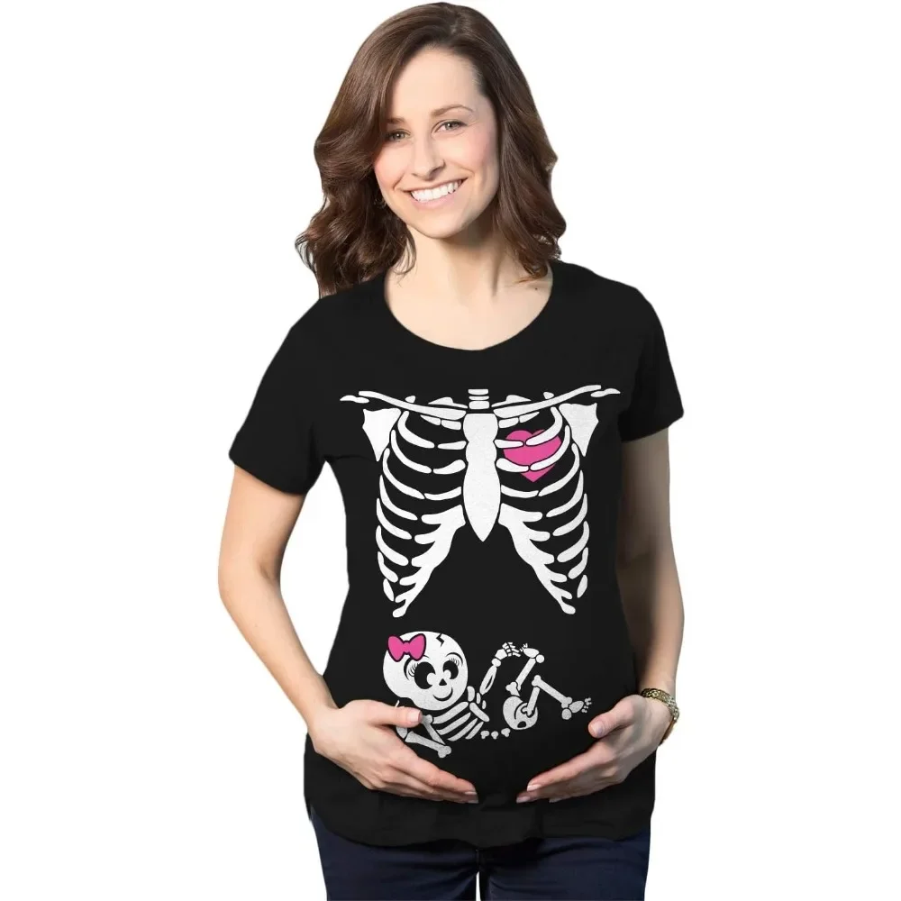 Schwangerschafts-T-Shirts mit Skelett-Baby-Monster-Kürbis-Motiv, lustige und süße Halloween-T-Shirts für werdende Mütter – Detail 7