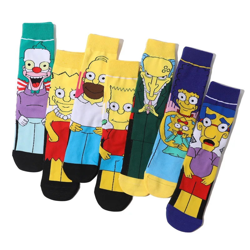 Harajuku Autumn The Simpsons Men Socks Cartoon Trend Personality Skateboard Women Socks Anime Middle Tube Cotton Unisex Socks