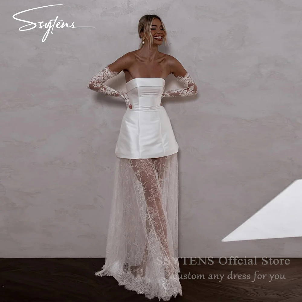 SSYTENS Elfenbein-Satin, kurze Brautkleider, trägerlos, Spitze, A-Linie, formelle Ballkleider, ärmellos, sexy Brautkleid für Damen, individuell gestaltet