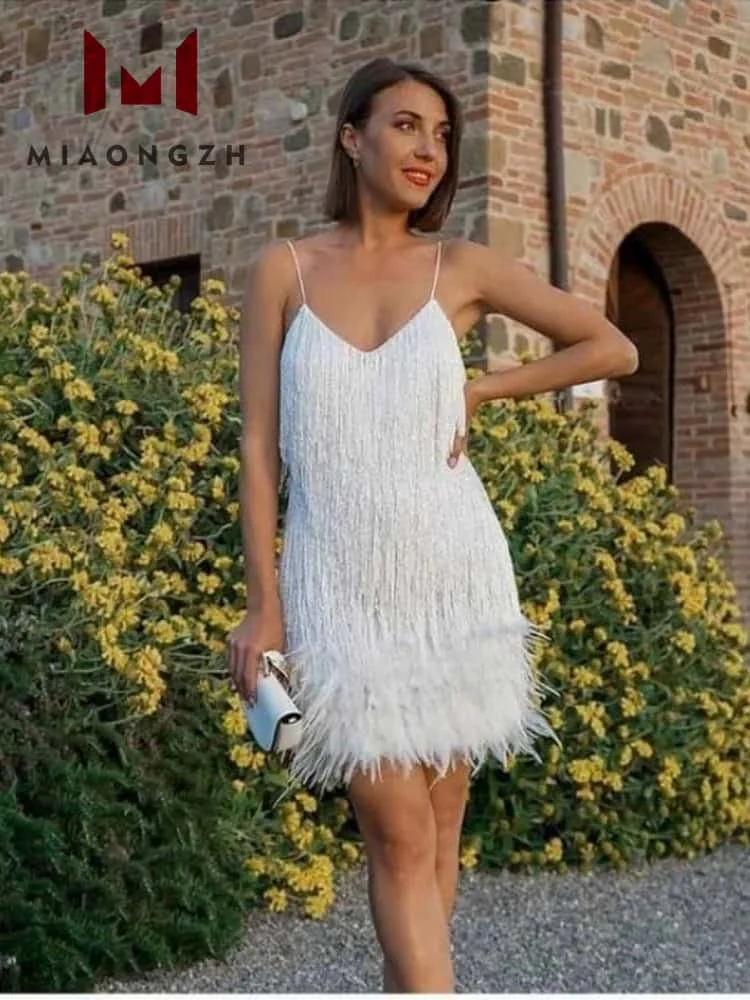

2025 New Women's Mini Dresses V Neck Sexy Tassel Patchwork Sequins Feather Fashion Elegant Evening Party Club Dress Clothing