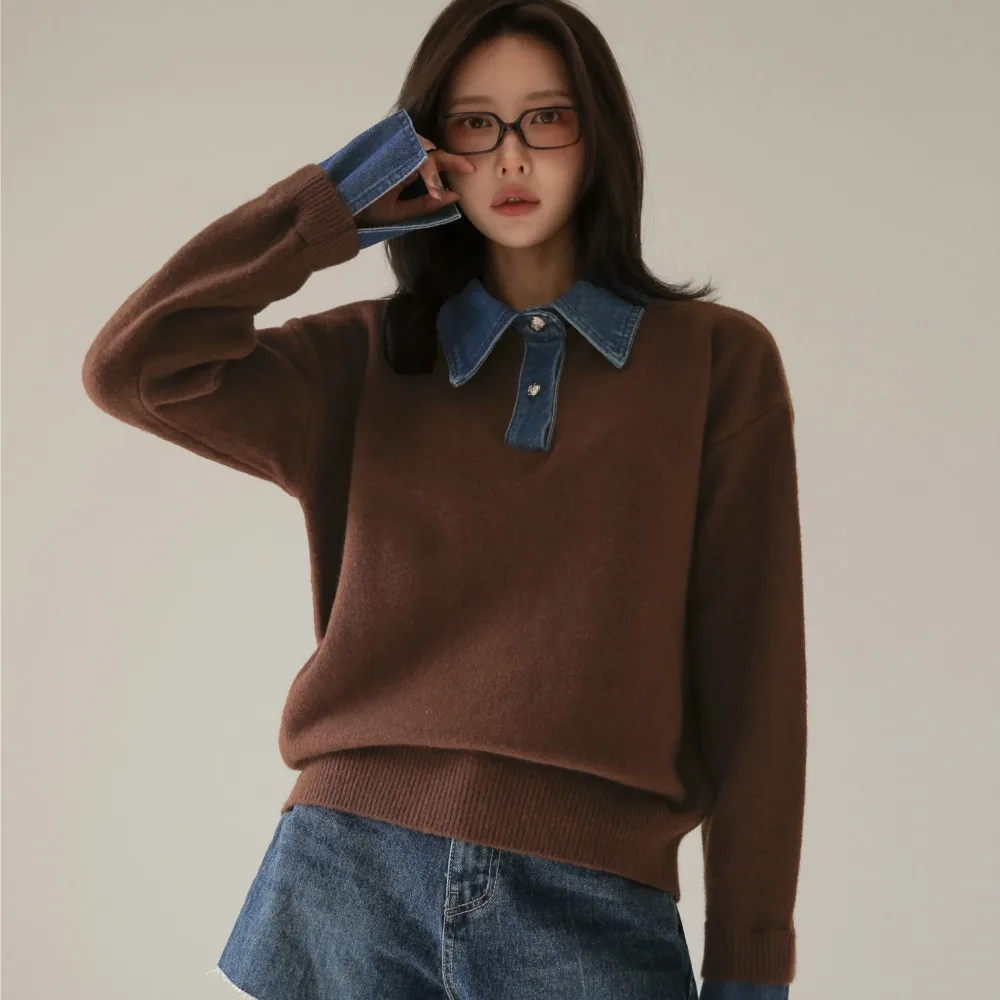 

East Gate Women's Denim Patchwork Fake Two-Piece Knitwear Collar Long Sve Breathable Comfortable Casual Faion