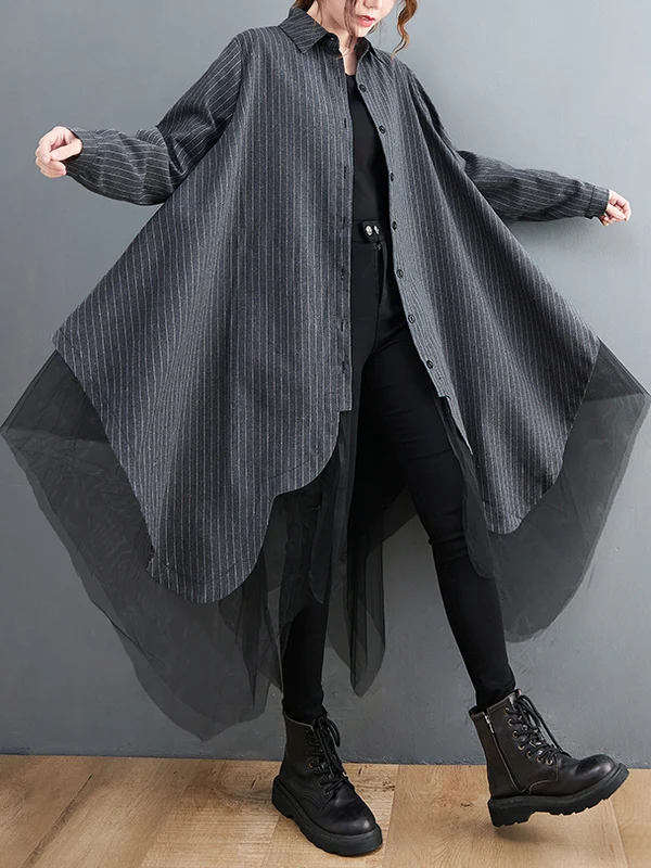 

Outlets plus Size Loose Fashion Pure Cotton Striped Patchwork Mesh Mid-Length Shirt Jacket Women's Collar Open Cardigan