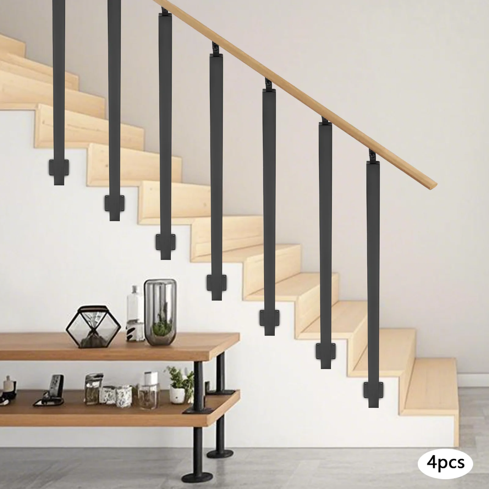 4 Pieces of 100cm Stair Railing Side Installation - Black, , , Suitable for Staircases, Villas, Entrances, Corridors, Attics