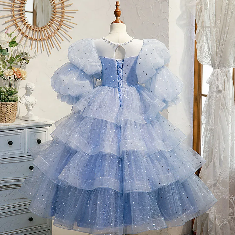 Vestido de baile com mangas puff para bebês, vestidos de festa azul céu para crianças, casamento e aniversário, baile e vestidos