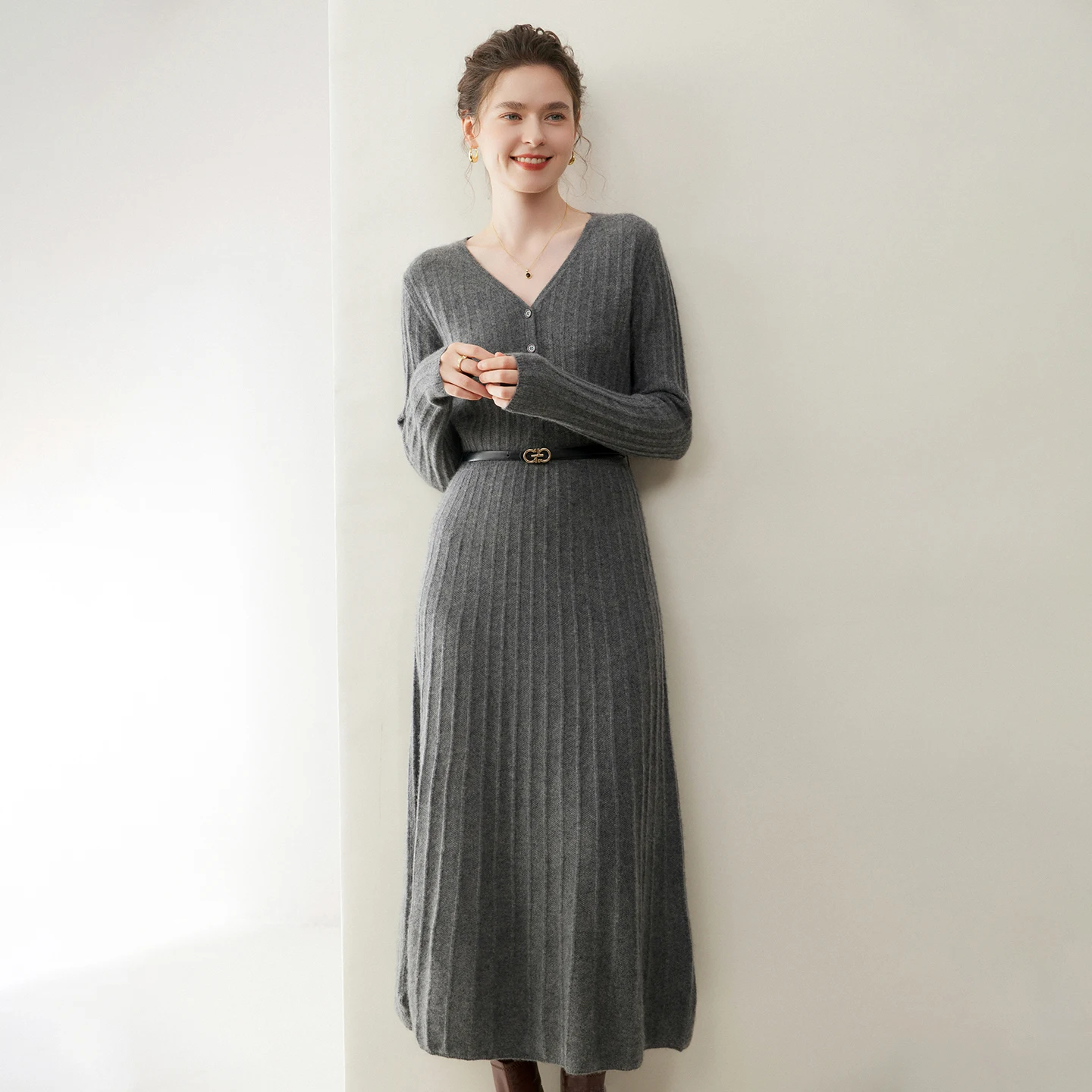 

Knitted Soft Women 100% Cashmere Sweater Dress Half Open V-Neck Pullover Long Dress Autumn Winter Slim Fit Woman Cashmere Dress