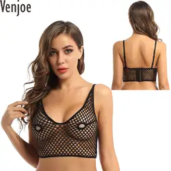 Womens Erotic Hollow Out Netted Lingerie Adjustable Spaghetti Shoulder Straps Hollow Out Open Nipples Longline Bra Tops