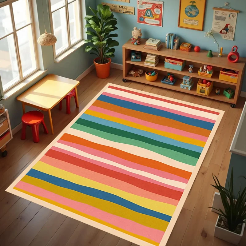 

Dopamine Contrast Striped Carpet Simple Fresh Bedroom Rug Not Easy To Hide Dust Coffee Table Rugs Easy Care Non-Slip Floor Mat