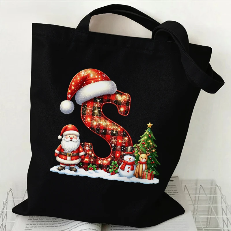Xmas 26 Letter A-Z Canvas Handheld Tote Bag for Female Santa Claus Merry Christmas Party Daily Shopping Shoulder Crossbody Bag