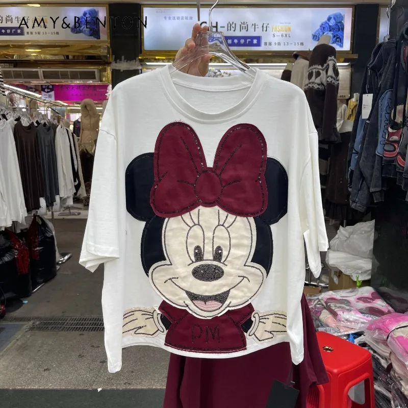 

Youthful Fashion Loose Short Sleeves T-shirt Top Trendy Brand New Heavy Craft Cute Patch Big Cartoon Sweet Tshirts Pullover Girl