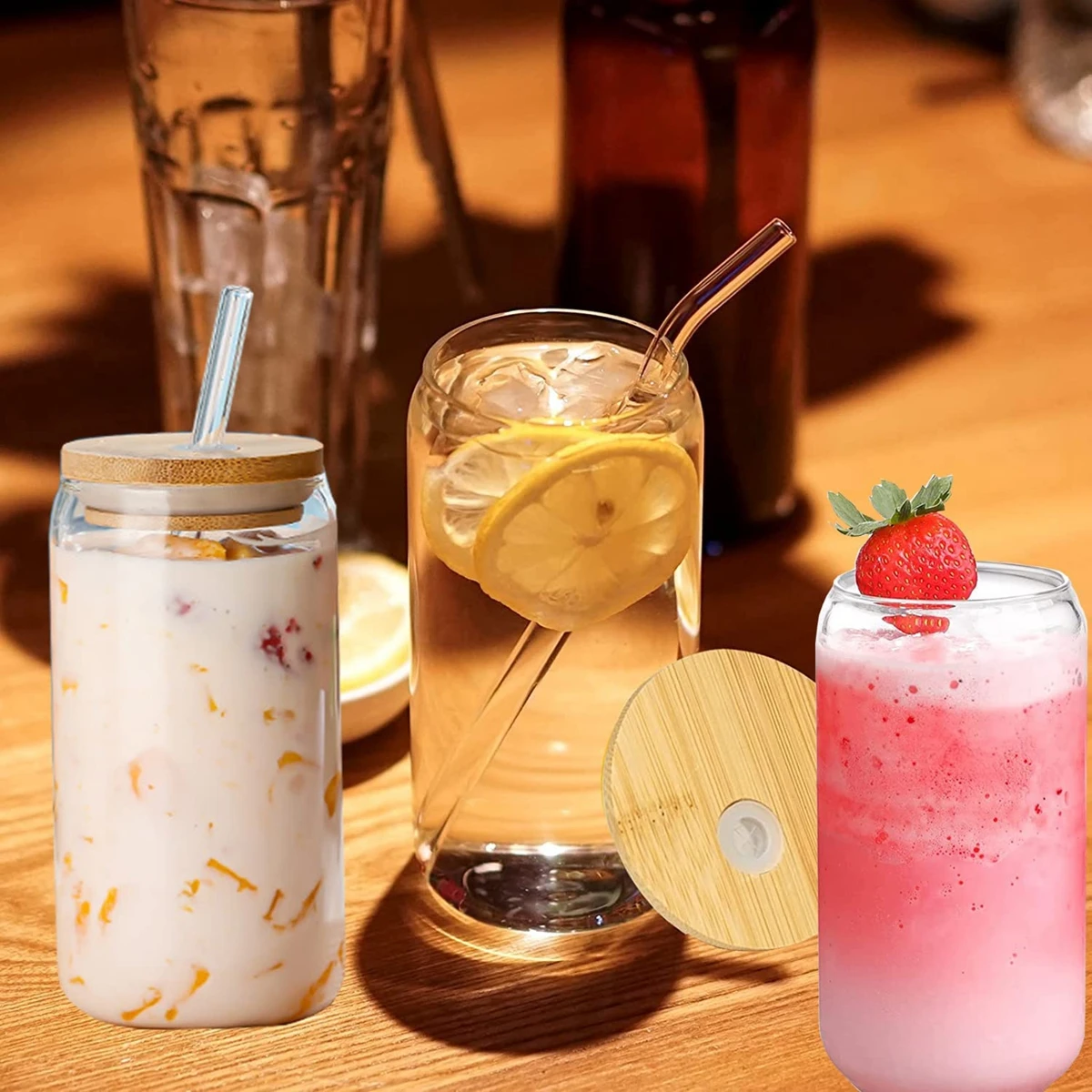 12/16oz Glass Straw Cup With Bamboo Lid Reusable Beer Can Glasses Juice Cokctail Coffee Milk Wine Cups Bar Drinkware Straws Cup