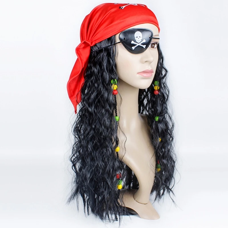 Costume Pirate d'halloween, perruque Pirate avec cache-œil, d'écharpe, accessoires Costume pour