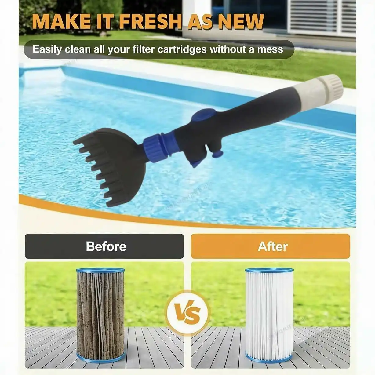 Limpiador de filtro de cartucho de piscina portátil con mango, herramienta de fijación de manguera de limpieza de filtro de agua de SPA para bañera de hidromasaje