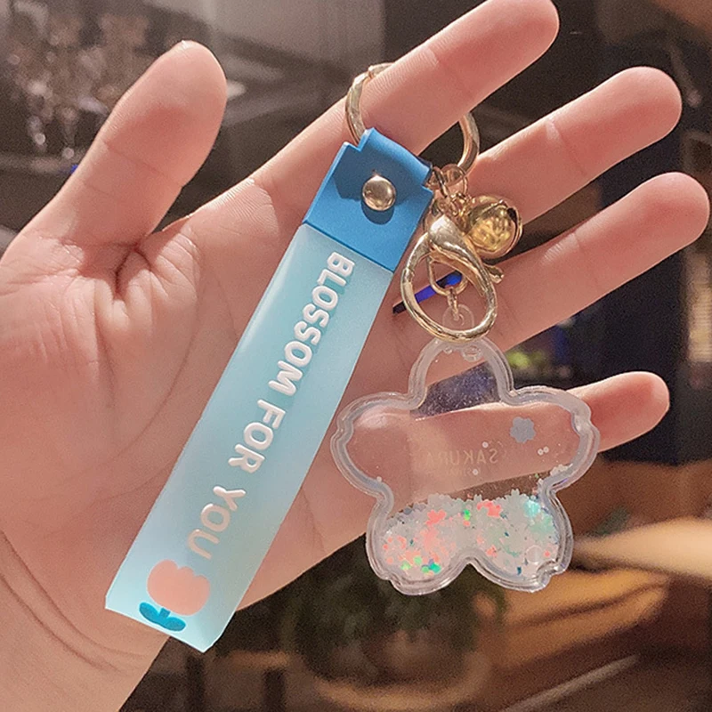 Fashion Flower Type Quicksand Hourglass Sakura Bottle Key Chain Girl Bag Pendant Cartoon Cherry Blossom Sequins Liquids Keychain