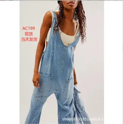 Water Washing Casual Denim Jumpsuits, Spring and Fall New Fashion Cargo Style Loose Denim Suspenders, V-neck Sleeveless Jumpsuit