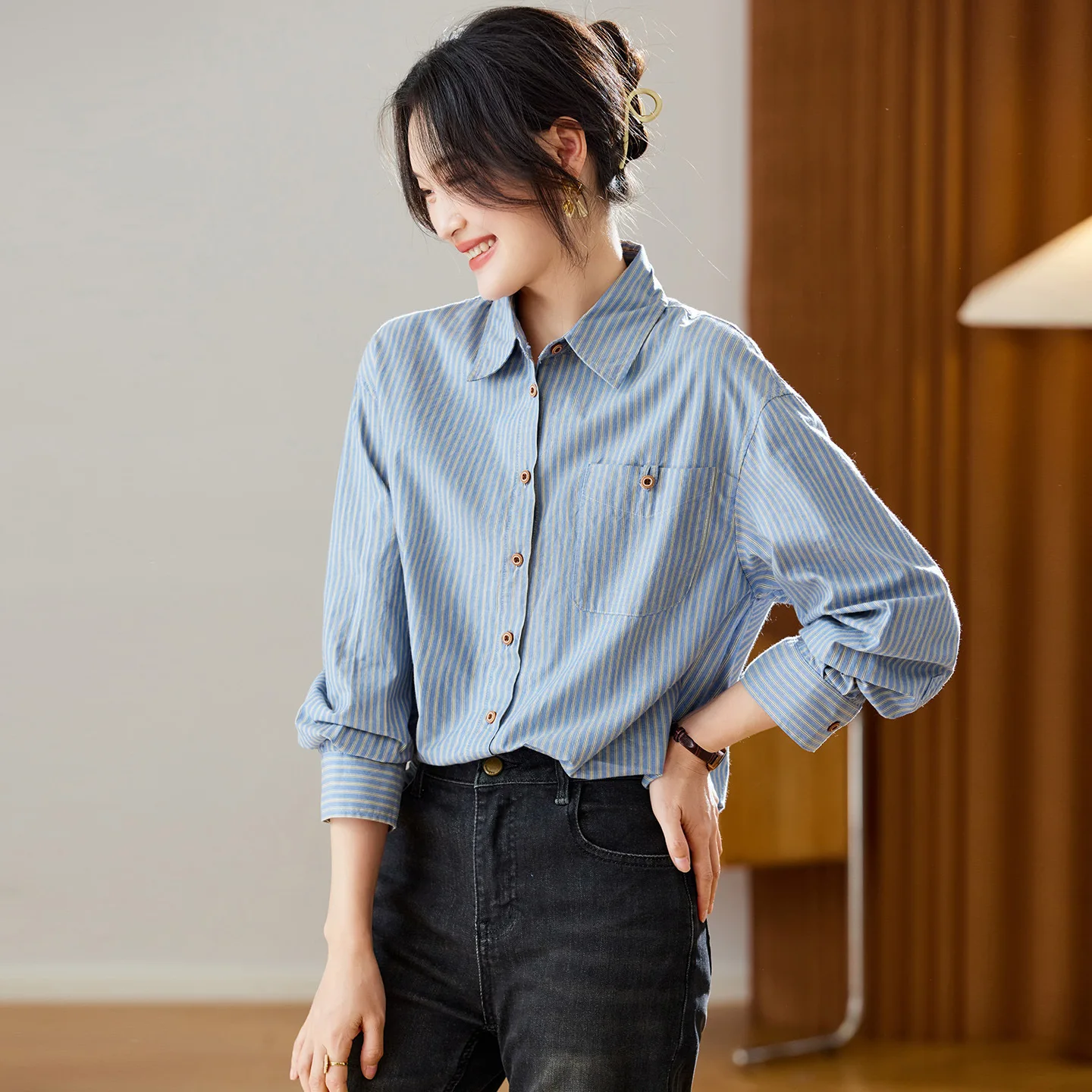 

Women's Long Sve Blue Striped Cotton irt Vintage Artistic Pure Cotton Autumn Winter New Sle Loose Fit Office Wear