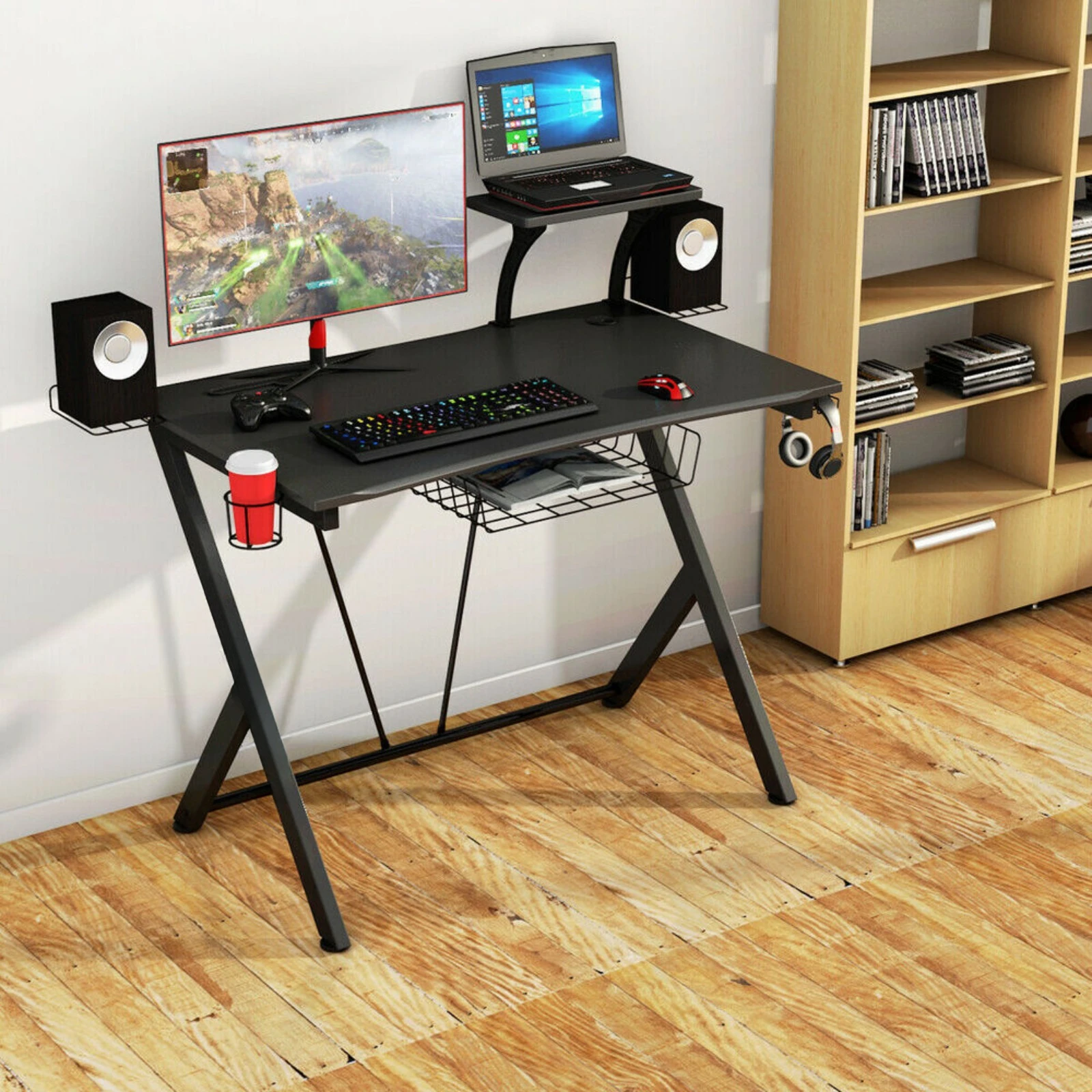 US Gaming Desk Computer Desk PC Table Workstation with Headphone Hook & Cup Holder