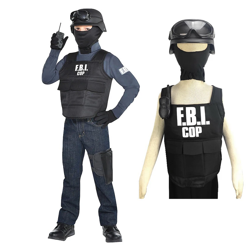 

FBI Bulletproof Vest Special Agent Uniform Outfits Police Cosplay Fancy Halloween Costume for Kids Carnival Headgear Helmet Prop