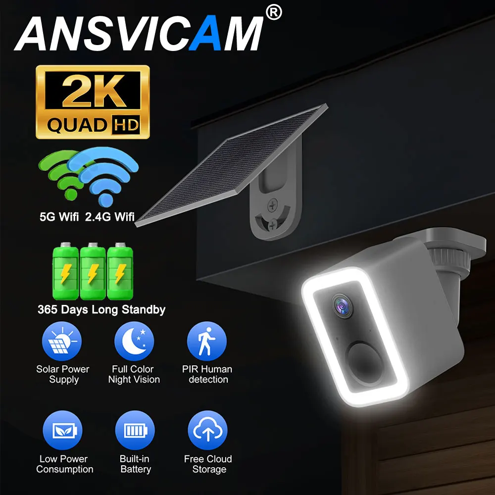 2K Solar Security Camera HD 1080P Outdoor Wireless WIFI Battery Cam Floodlight Color Night Vision Long Time Standby O-Kam APP