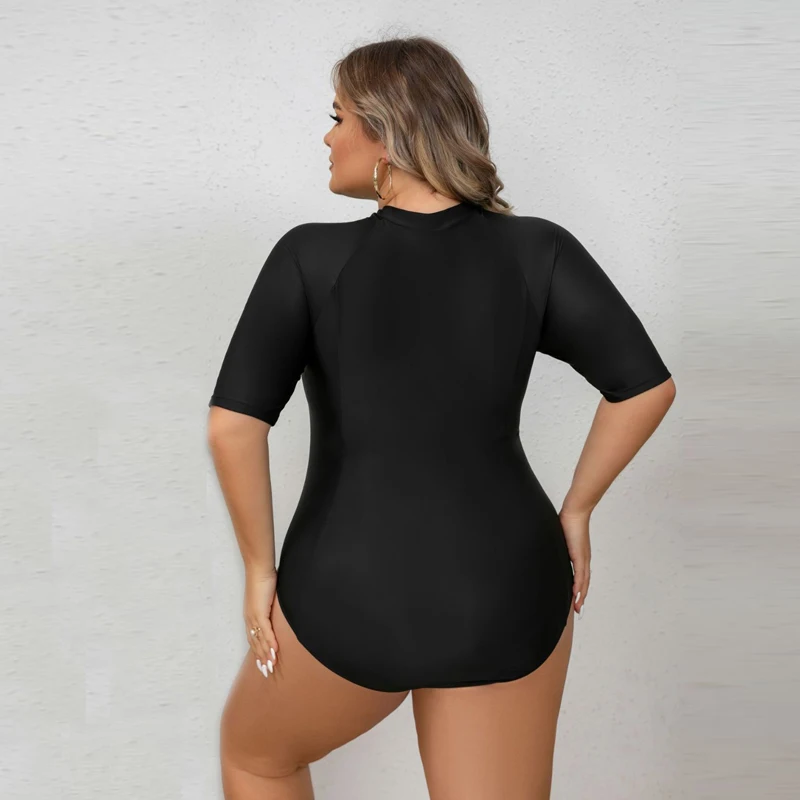 Plus Size Black Color Rashguard Women One Piece Swimsuit Solid Swimming Suit For Big Woman Modest Swimwear Sexy Surfing Suit