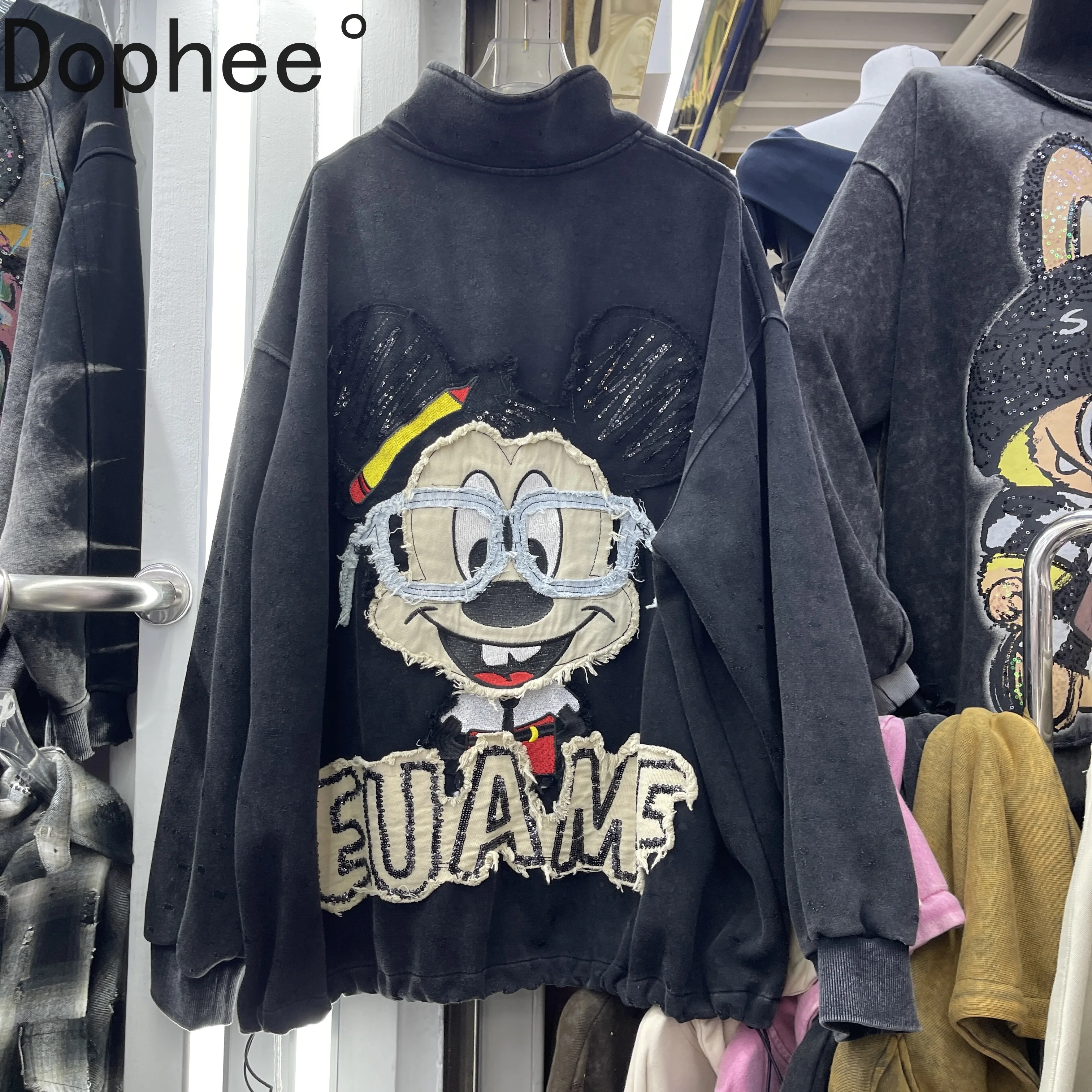 

New Autumn Winter Sequins Embroidery Mickey Couple Jacket Stand Collar Zip Cardigans Top Loose Long Sleeve Women Hoodie Coat