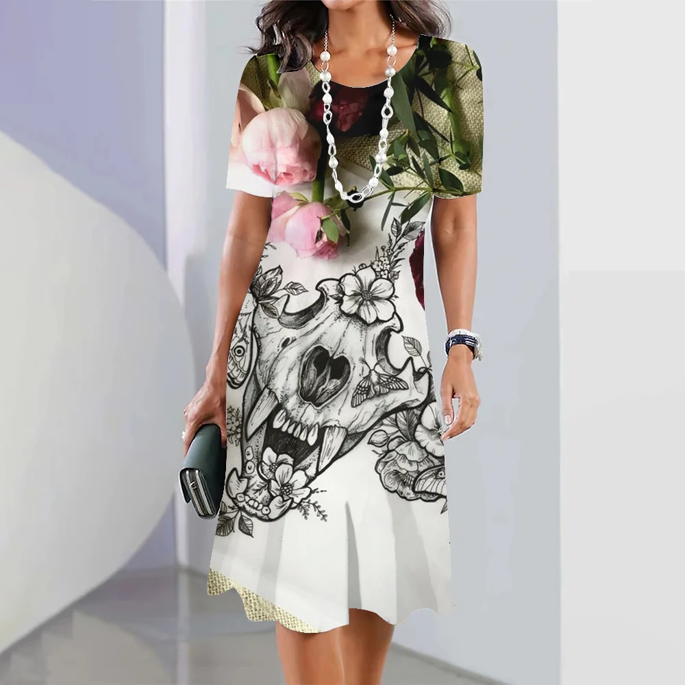 Mexican Day Of The Dead Skull Floral Print Round Neck Short Sleeve Dress Holiday Party Dinner Loose Short Sleeve Dress