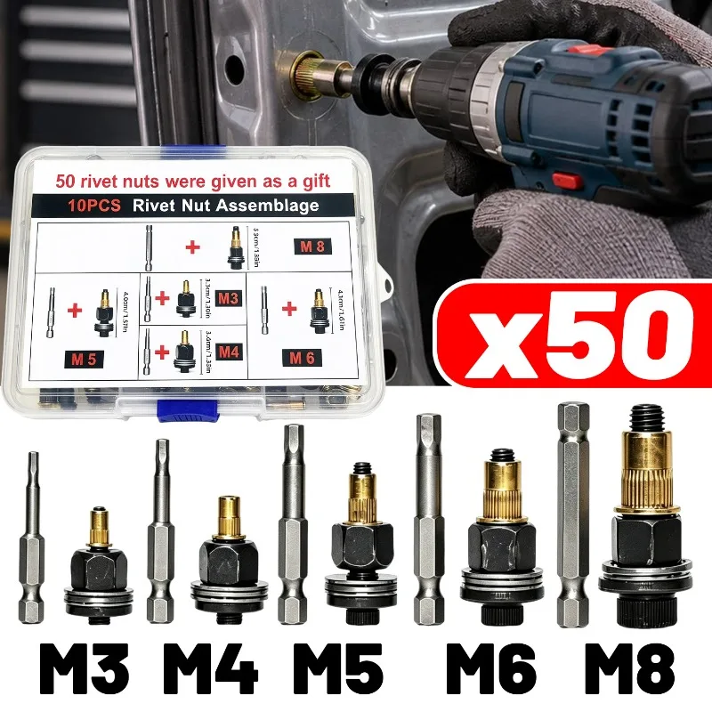 Set di adattatori per rivetti a dado per trapano elettrico M3 M4 M5 M6 M8 in acciaio al carbonio, strumento per rivettatura e riparazione di lamiere p