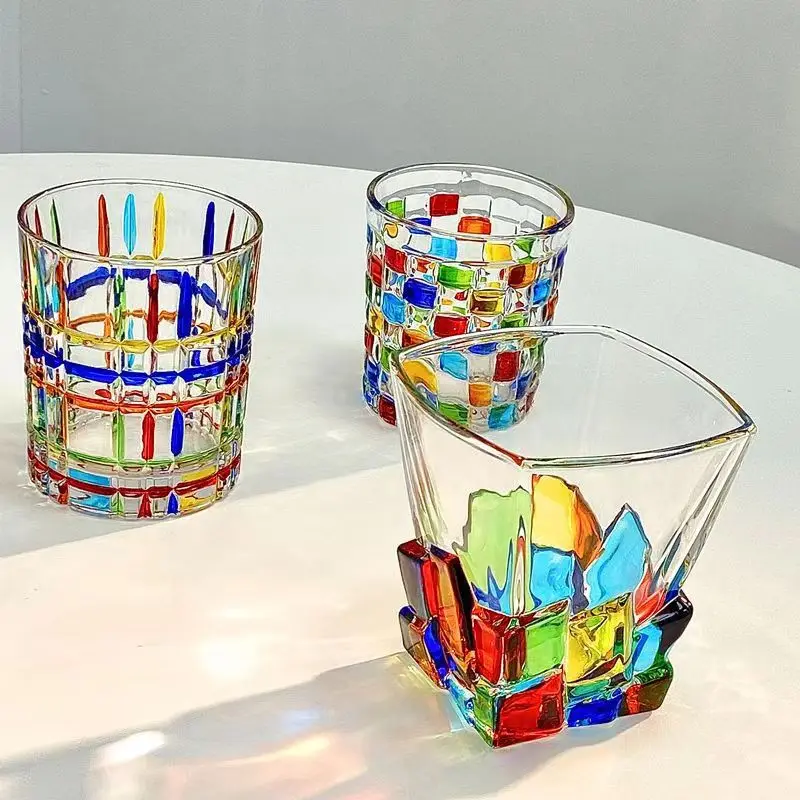 European-Style Coulorful Lines Hand-Painted Lines Woven Crystal Stained Juice Cup Whiskey Glass Personalise Gift Bar Accessory