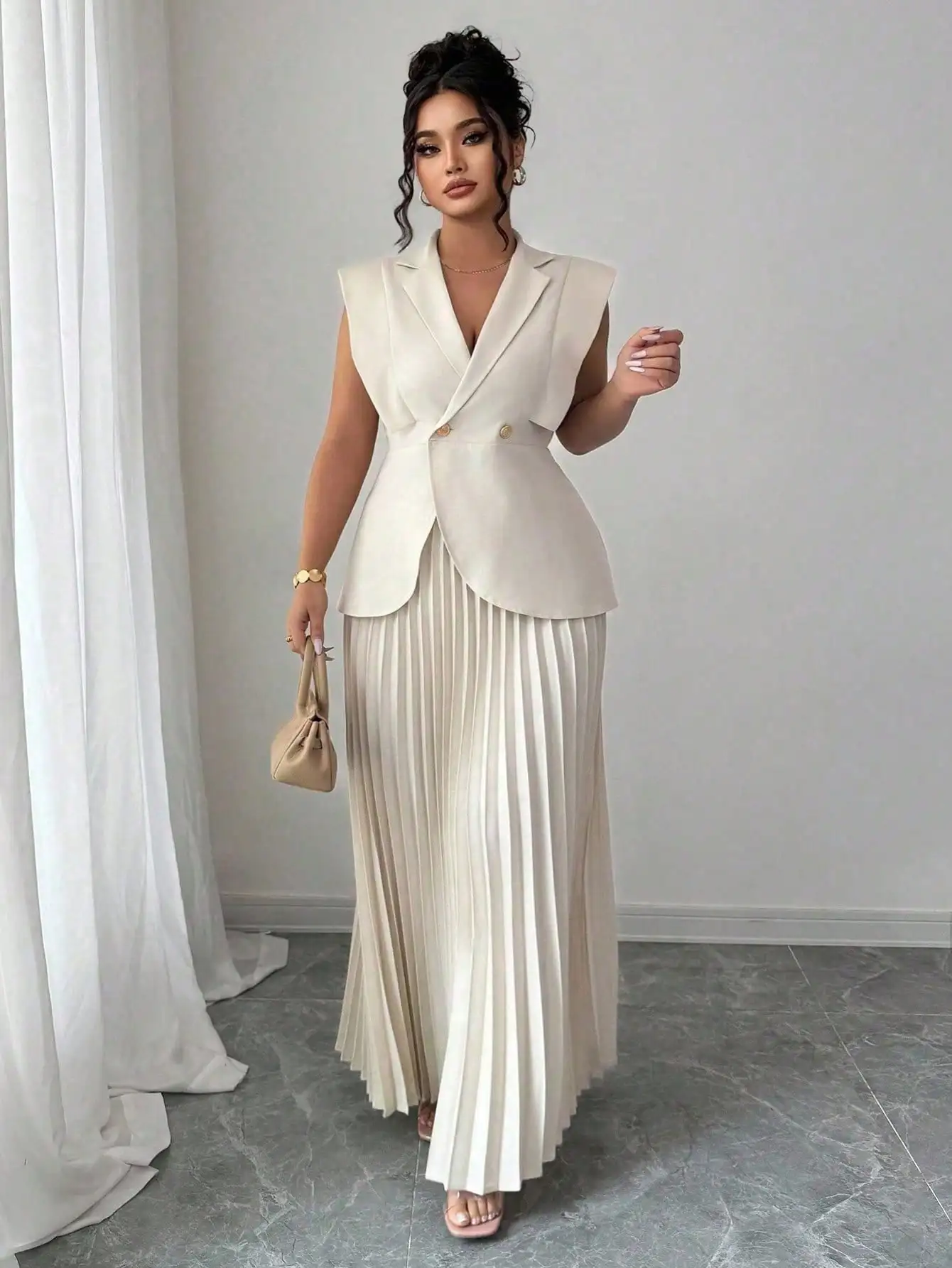 

Комплект Elenzga: двубортный жилет и плиссированная юбка больших размеров, элегантный костюм из льняной ткани для работы или мероприятий