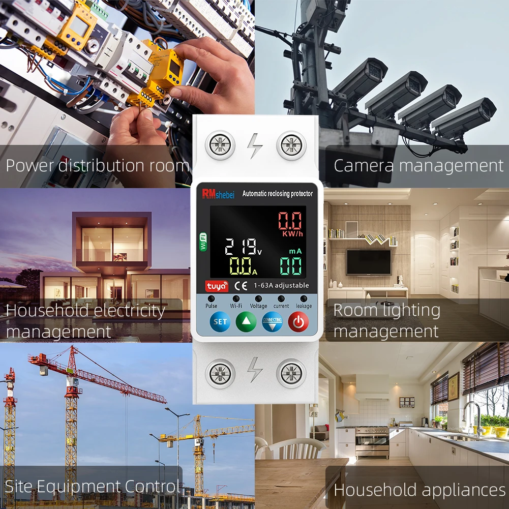 RMshebei Tuya Smart Home Switch 63A 2P MCB Circuit Breaker Overload WiFi 220V Voltage Protector Remote Control Din Metering