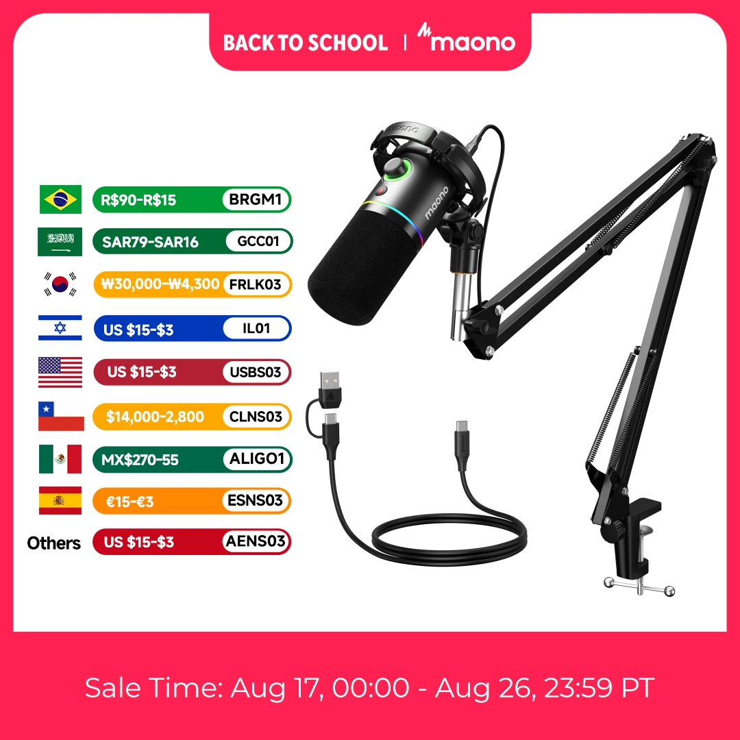 MAONO PD200XS USB/XLR Dynamisches Mikrofon mit Stoßdämpfer-Gelenkarmständer, Maonolink Gain-Knopf und RGB-Beleuchtung für PC-Gaming und Aufnahmen
