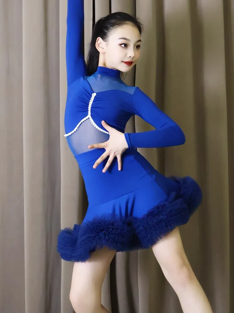 2025 meninas trajes de desempenho vestido de dança latina malha manga longa alta pescoço saia superior terno chacha prática roupas dql11954