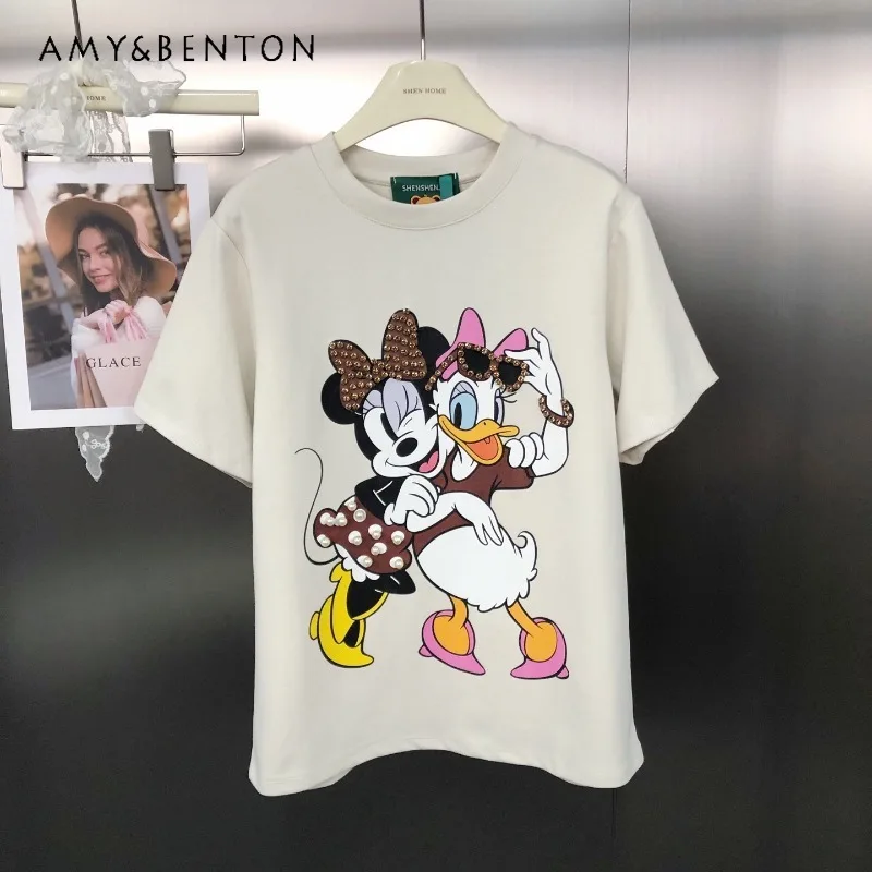 

American Retro Style Loose Easy Matching Cartoon Beaded Printing Crew Neck Short-sleeved T-shirt For Women's Y2k Clothes Tees