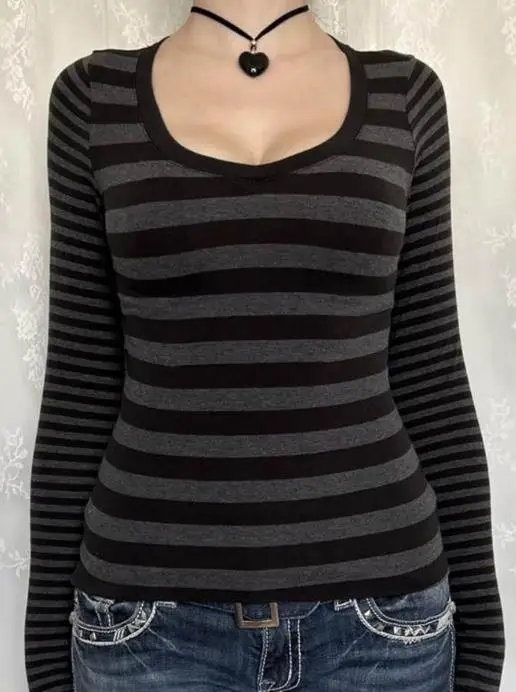 

Y2K Spicy Girl Style Striped Long Sleeved Sweater Women's T-Shirt Women's Clothing 2025 Autumn