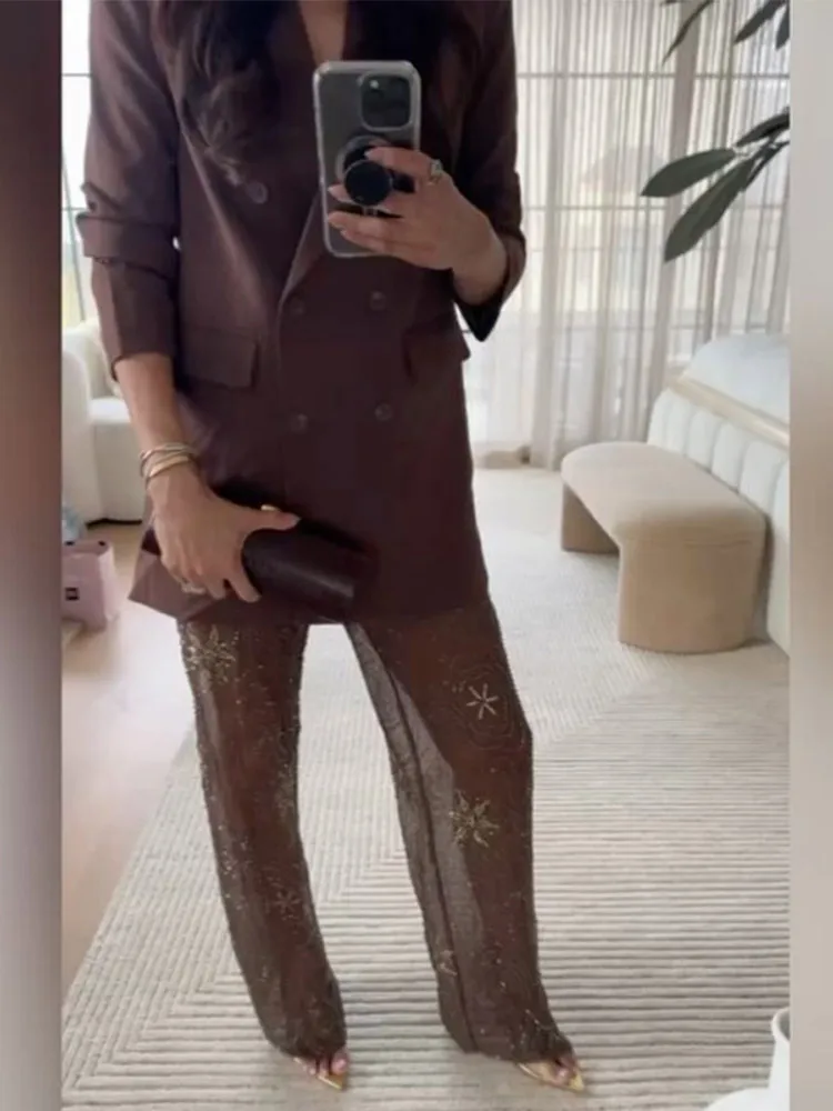 Summer Sequin Women's Bead Long Pants Fashion Snowflake Straight Starfish Print Thin Trousers Lady High Street Y2k pants