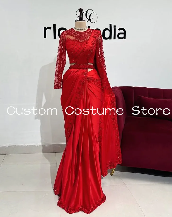 Red Stitched Saree Prom Formal Dresses with Veil Gillter Long Sleeve Riccoindia Blouse Ruched Evening Celebrity Gown Customized