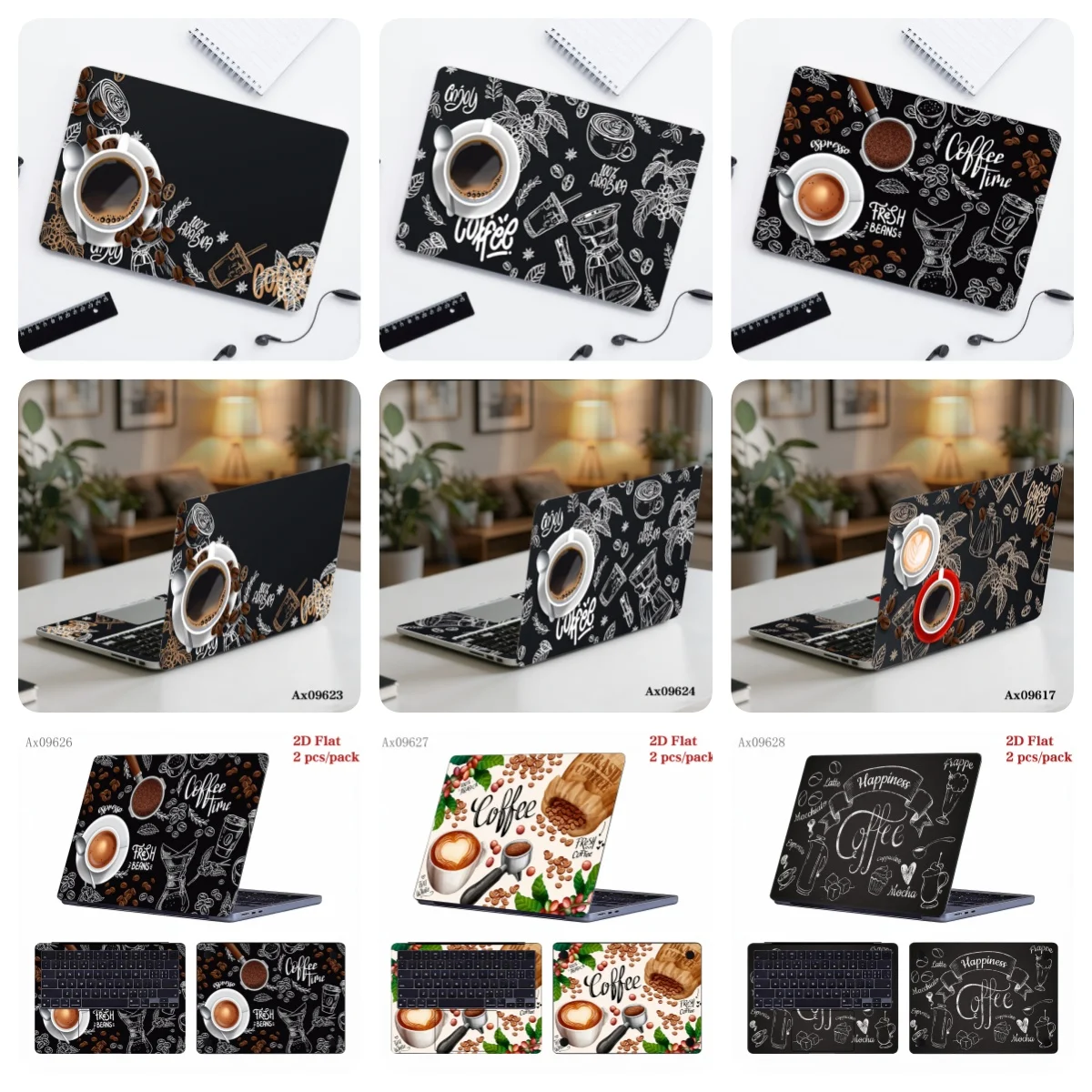 2Pcs Coffee Theme Laptop Skin Stickers Self‑Adhesive Anti‑Scratch Waterproof Cover Sticker for Most 13‑16 Inch Notebook Decor