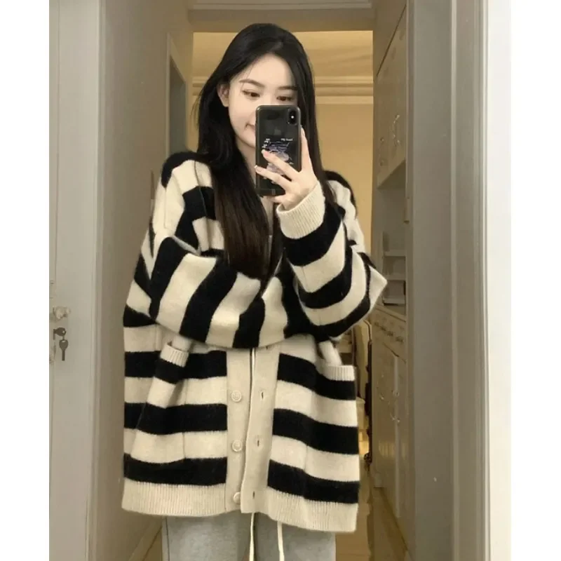 Striped Kcardigan For Women Japanese Lazy Retro Loose Fitting Soft Glutinous Sweater Medium lLength Outerwear Top For Sspring