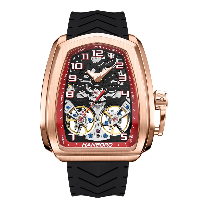 HANBORO volautomatisch mechanisch herenhorloge uitgehold polshorloge trend waterdicht lichtgevend horloge
