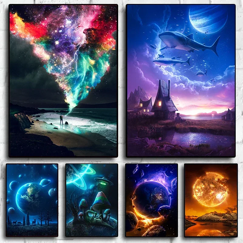 Dark Psychedelic Galaxy Posters and Pictures Colorful Light Fantasy Universe Wall Art Planet Canvas Painting Home Room Decor
