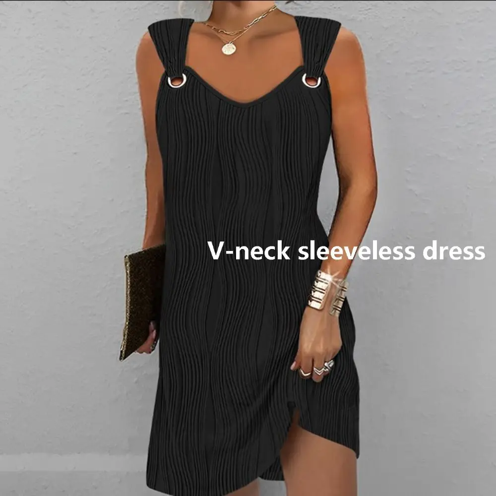 

Elegant Metal Buckle V-neck Dress Loose Vacation Sundress Solid Color Casual Female Clothing For Women