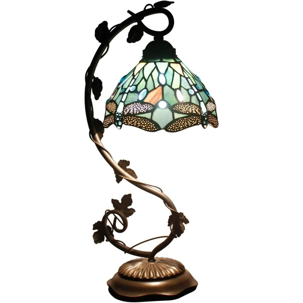 Tiffany Lamp Sea Blue Stained Glass Dragonfly Style Desk Reading Light, Metal Leaf Table Lamp Base 8X10X21 Inches Decor Small