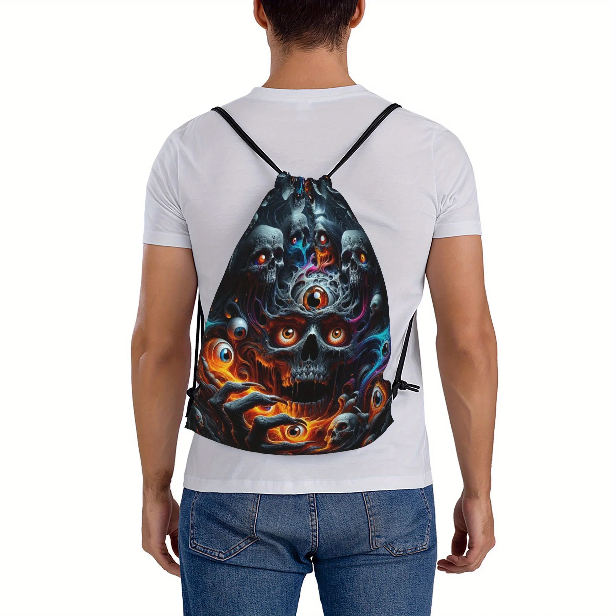 Flame Skull Print Drawstring Storage Bag, Lightweight & Durable, Universal Drawstring Backpack for Outdoor Activities