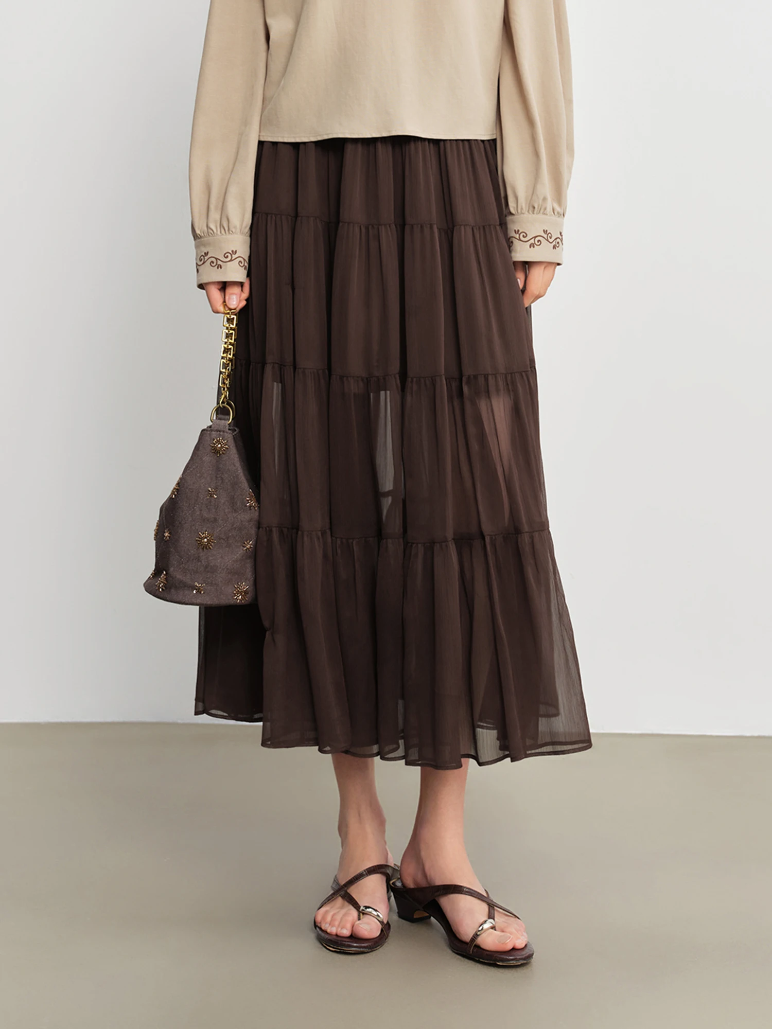 ZIQIAO 2026 Spring Women's Textured A-Line Tiered Midi Skirt Smocked Waist - Flowy Layered Ruffle Hem Long Skirt