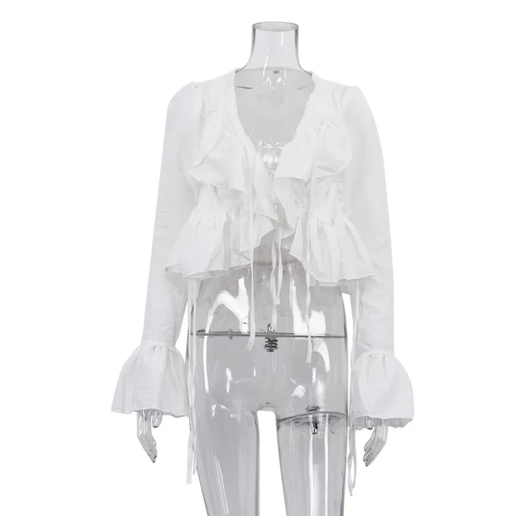 Women's clothing 2026 spring new design ruffle edge horn sleeve lace-up top versatile shirt