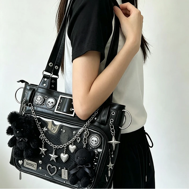 Concert Hidden Compartment Ita Bag Large Capacity Shoulder Bag With Transparent Window Japanese Glossy Tote Bags Punk Handbag