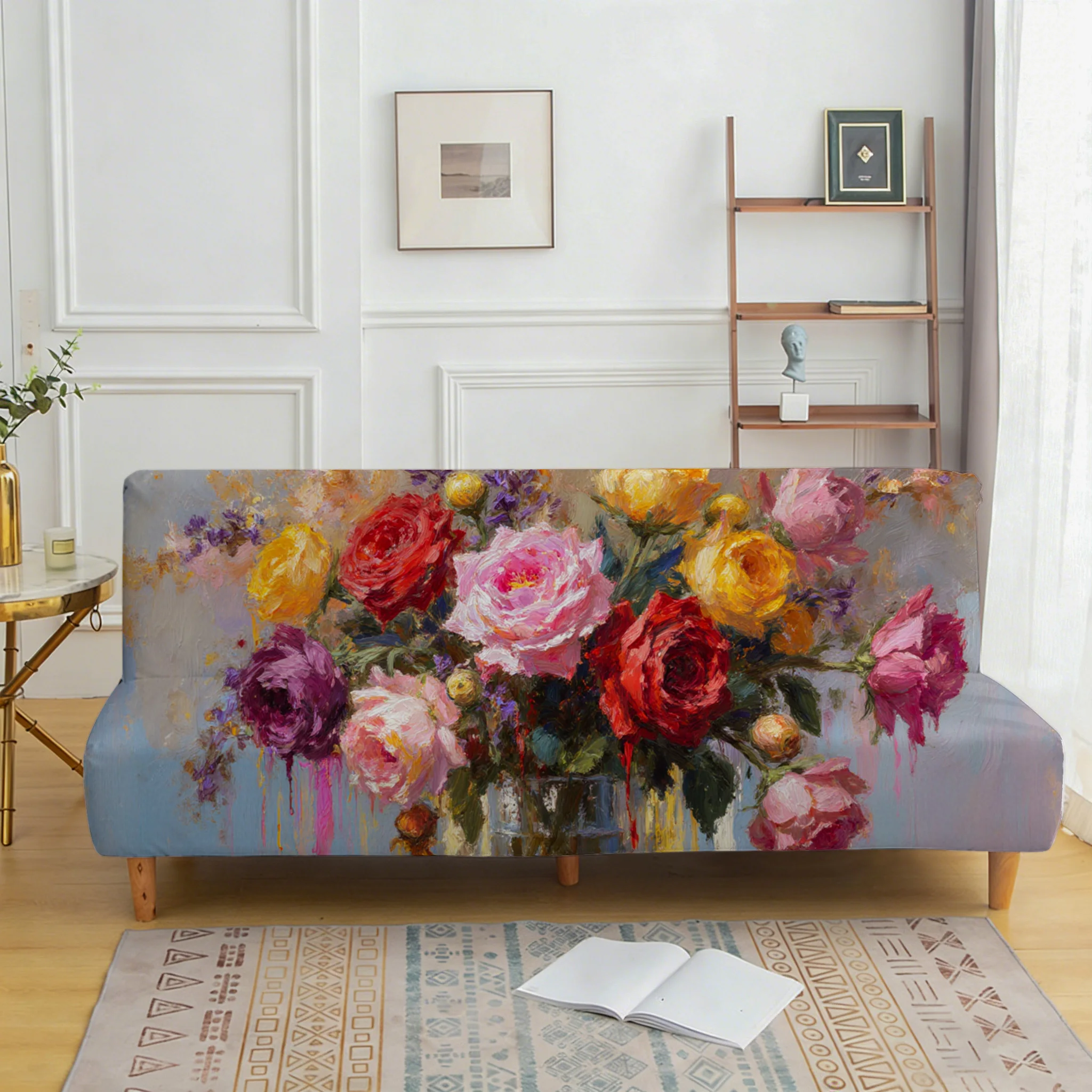 Watercolor rose armless elastic sofa bed cover, non-slip and anti-grab furniture protective cover, easy to install