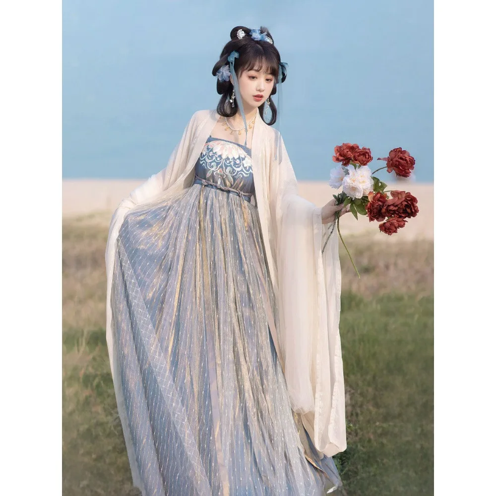 Spring and Autumn Tang Hanfu Women's chest-length skirt Long-sleeved shirt thin style Daily Han element set